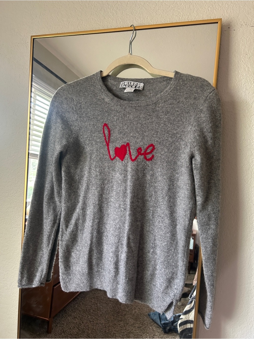 Anthropologie FUTURE PARADISE Gray Crewneck Cashmere Sweater Pink 'Love' Script